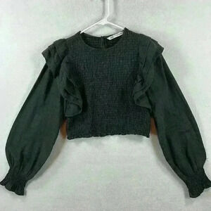 Zara Crop Shirred Elastic Top Size Medium Gray Long Sleeves Ruffled Caps